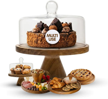 Acacia Wood Cake Stand with Glass Dome Lid & Reversible Serving Board Set