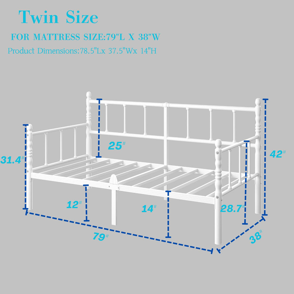 14 Inch Classic Twin Daybed, Metal Sofa Bed with Storage, White