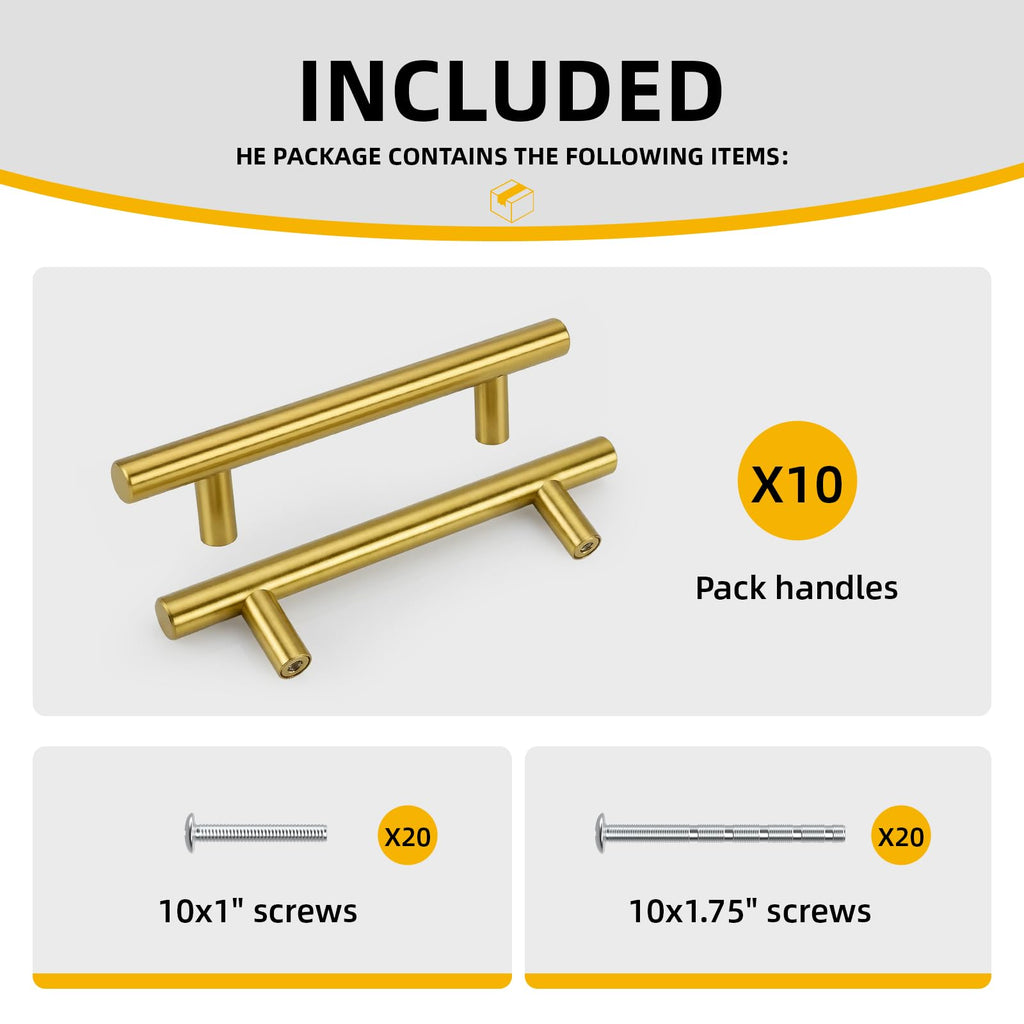 10pack Brushed Brass Cabinet Handles Gold Drawer Pulls - Kitchen Cabinet Hardware for Drawer Dresser, 6-1/4"(160mm)