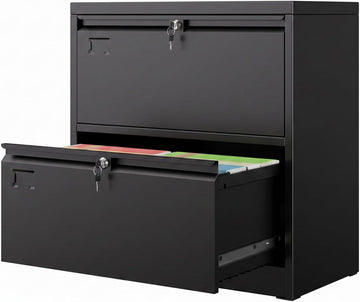 2 Drawer Lateral File Cabinet with Lock, Assembly Required | Black metal cabinet for letter/legal/A4 files, home