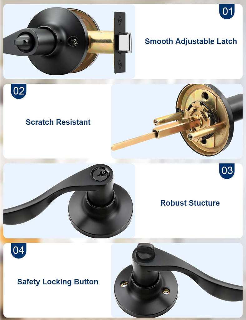 4 Pack Keyed Entry Door Lever Lock for Exterior Door Handleset, Entrance Door Handles Lockset in Black Each with 3