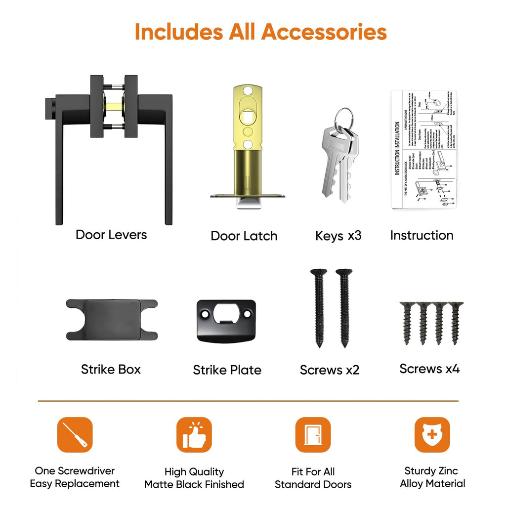 Matte Black Door Handle, Entry Door Levers with 3 Keys, 1 Pack