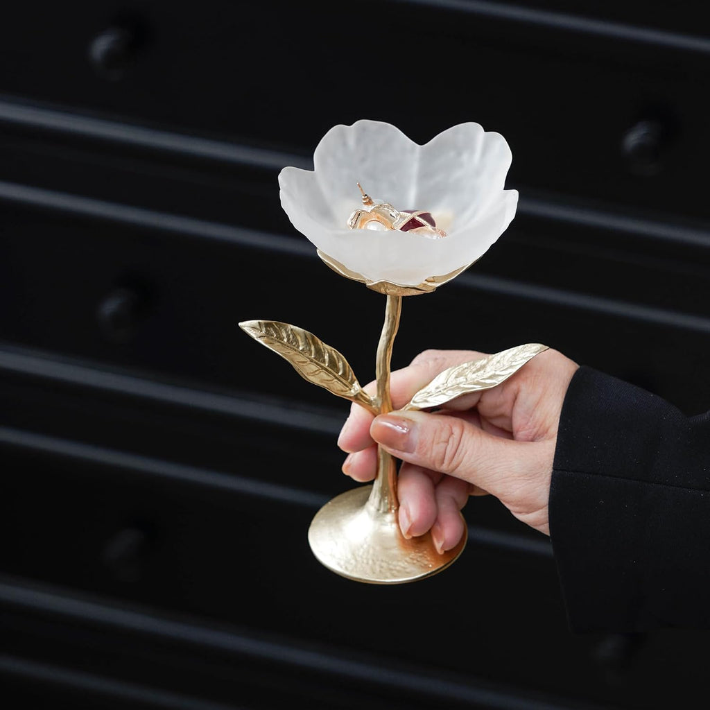 Frosted White Glass Flower Jewelry Tray, Gold Metal Leaf Base, Vanity Catch All for Rings Keys, Vintage Home Decor