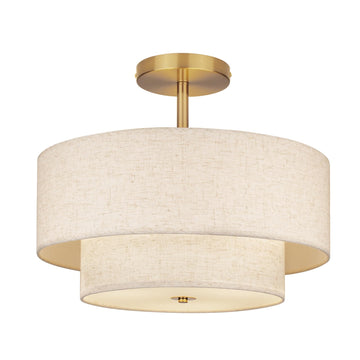 18 Inch Large Semi Flush Mount Ceiling Light Fixture with Dual Drum Design, Gold Farmhouse Fabric Linen Shade, and