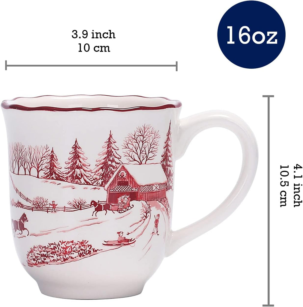 Toile De Jouy Winter Wonderland Ceramic Mug Set of 4, Christmas Coffee Mugs, 16oz Holiday Cups for Tea, Cocoa, or Hot