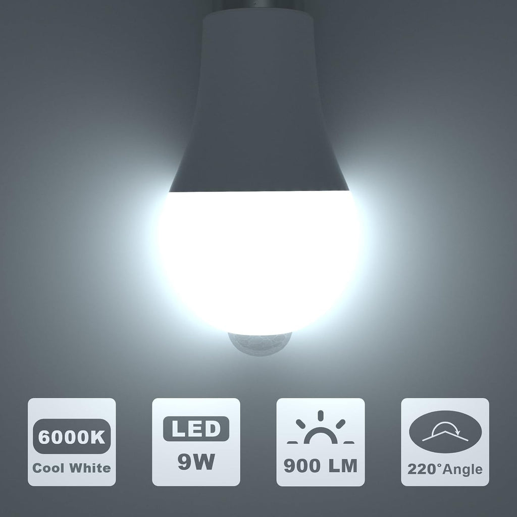 Motion Sensor Light Bulbs Indoor Outdoor 60 Watt 6000K, 2 Pack