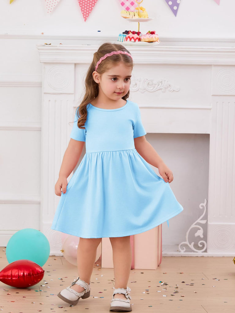 Toddler Baby Girl Short Sleeve Dress Kids Summer A-Line Twirly Skater T-Shirt Dresses with Pockets - Blue