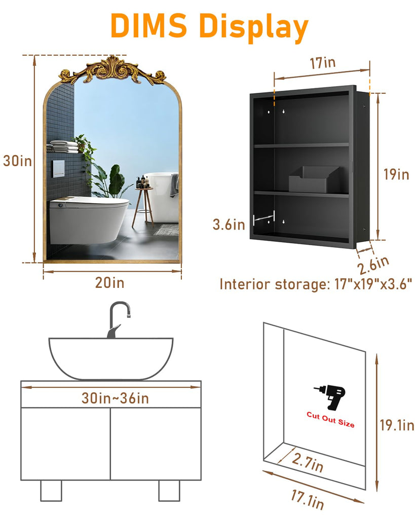 20"x30" Vintage Bathroom Medicine Cabinet with Mirror, Retro Hand-Painted Flower Art Decor, Arched Aluminum Frame