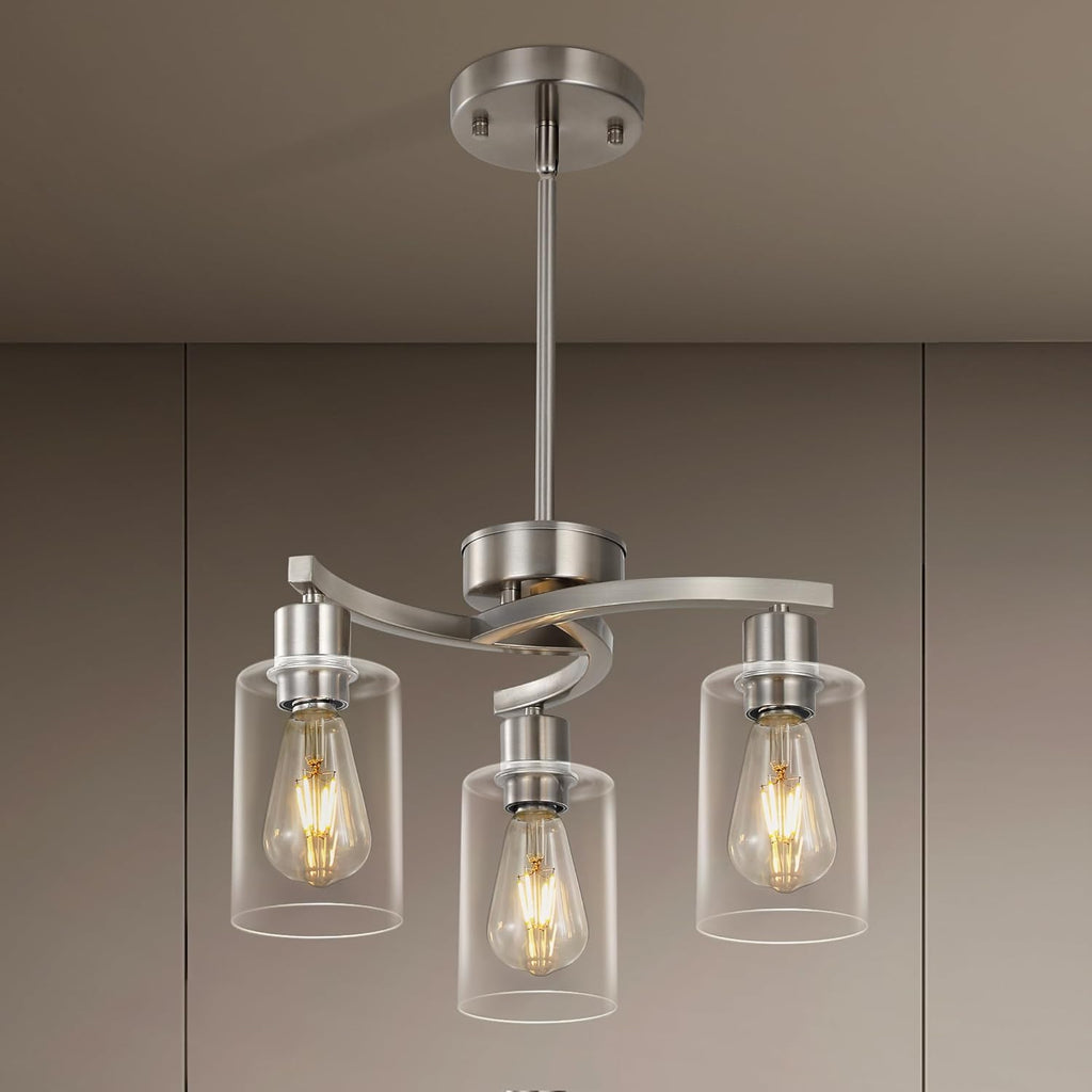 3 Light Brushed Nickel Dining Room Light Fixture,Modern Kitchen Chandeliers Over Table，Adjustable Height Industrial