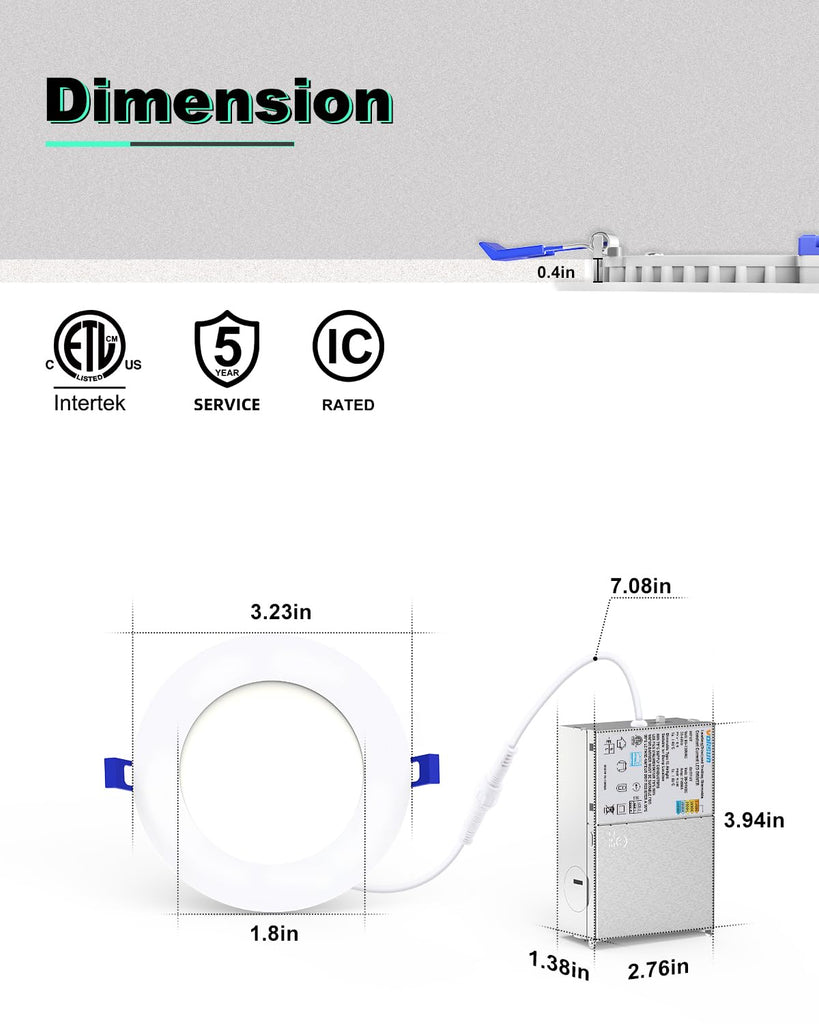 24 Pack 3 inch Recessed Lighting, 5CCT, 2700K-5000K Selectable