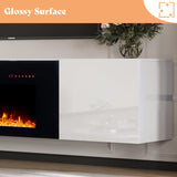 Floating Wall-Mounted Fireplace TV Stand with 40 Inch Electric Fireplace, Mirrored Entertainment Center, Modern LED Lighting for TVs up to 90 Inches, White