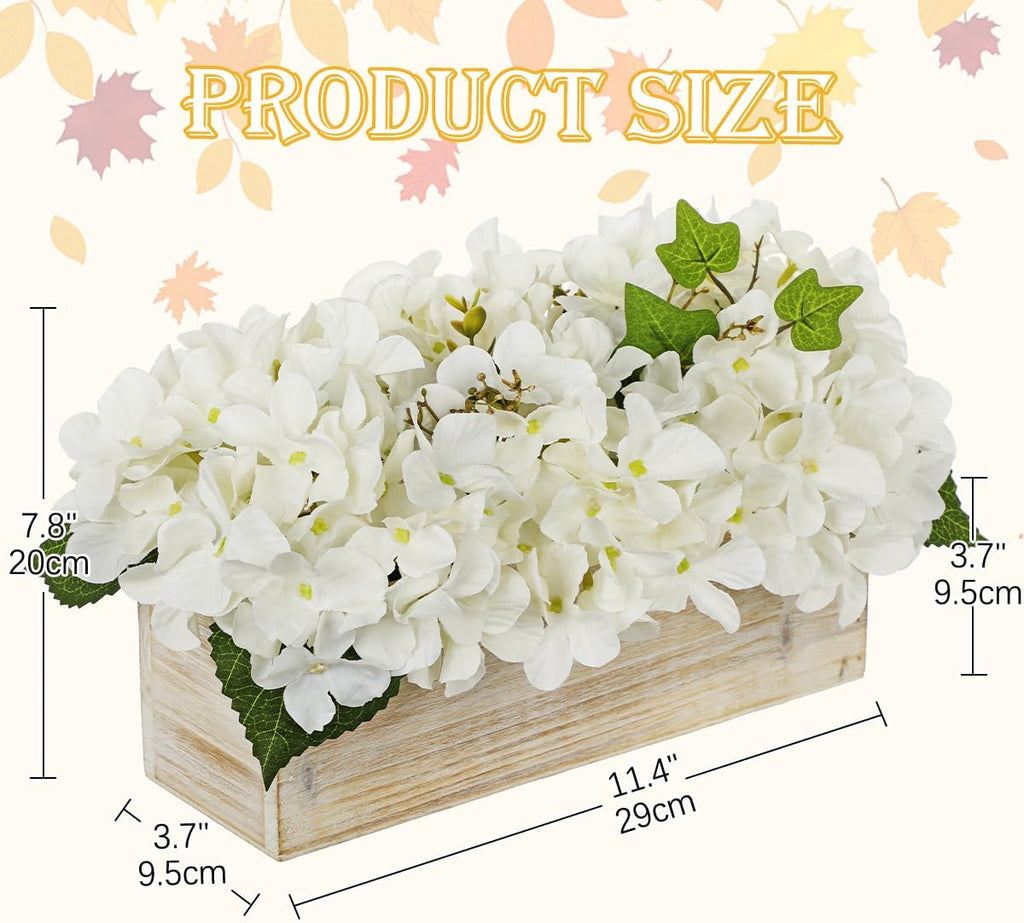 White Hydrangea Artificial Flowers in Wooden Pot Faux Silk Hydrangea Flowers Potted Fake Fall Flower Floral