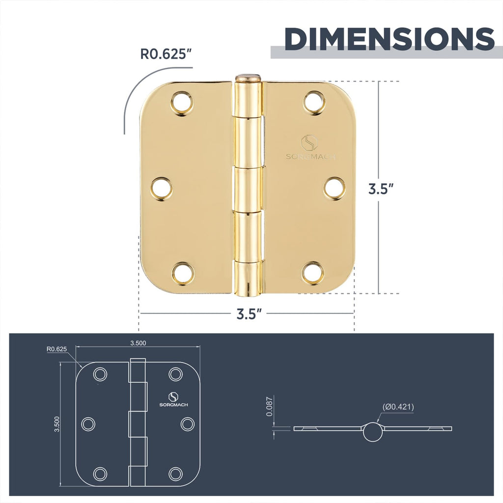 Door Hinges Polished Brass 3.5 Inch Interior Hinges 5/8" Radius Brushed Brass Door Hinges - 30 Pack