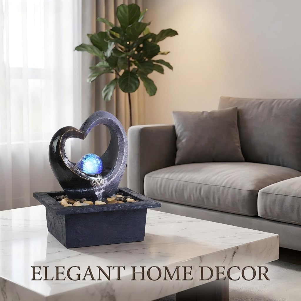 Tabletop Water Fountain, Zen Meditation Indoor Waterfall Fountain, Heart Shape Decoration with LED Light Bedroom