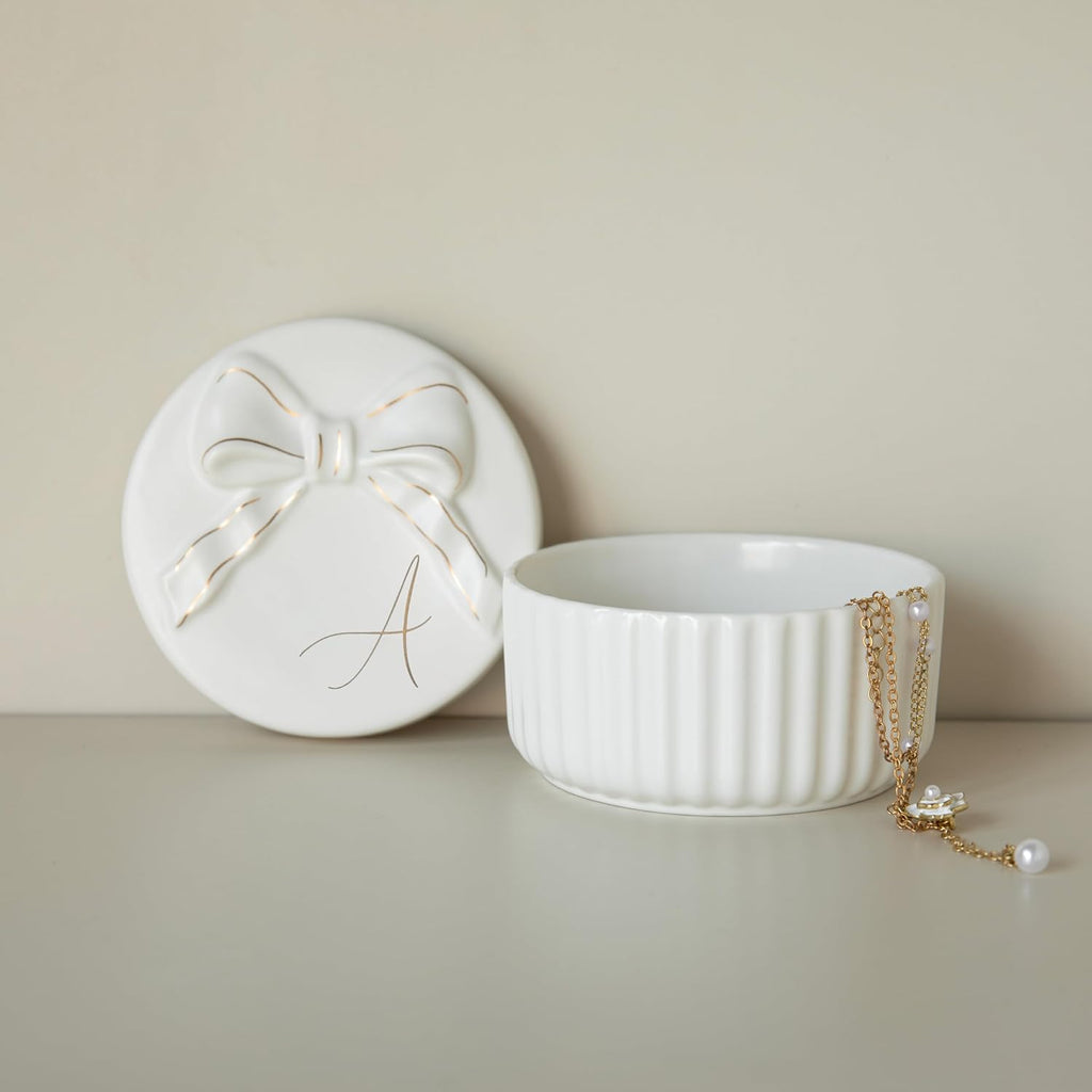Ceramic Jewelry Box with Bow, Nightstand Vanity Decor(A)