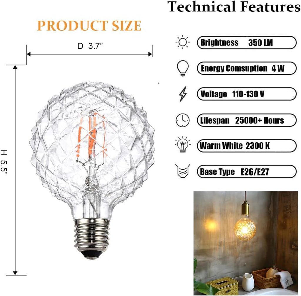 LED Vintage Edison Bulb, Dimmable, G30 G95 4W (40W Equivalent), LED Filament Bulb, 350 Lumen, 2200K (Warm White)