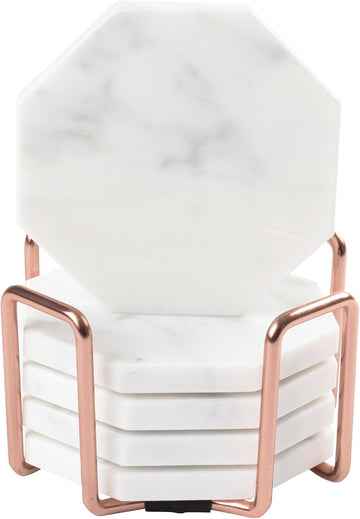 White Carrara Marble Tabletop Coasters with Storage Holder - Set of 5