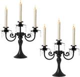 Metal 3 Arm Candelabra with Crystal Pendants - 11.8 Inch Tall Candle Holders, Set of 2 - Elegant Taper Candlestick