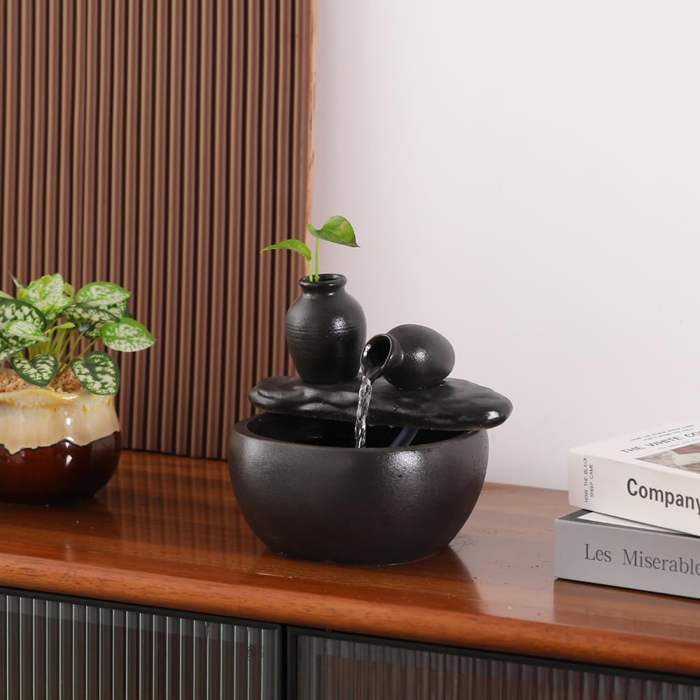 Ceramic Tabletop Fountain and Home Decoration Table Desk Office Patio (Ceramic Pot Fountain) (Black)