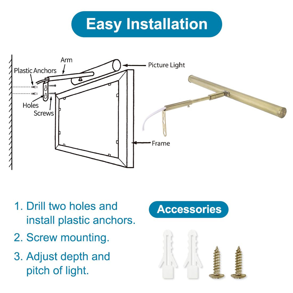 14 inch Plug in LED Picture Lights for Wall, Antique Brass
