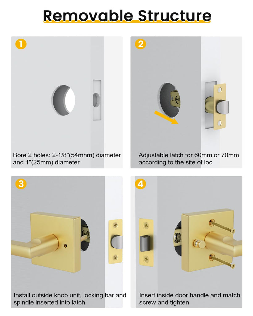 Brushed Gold Door Handle Interior, Privacy Bedroom - 1 Pack
