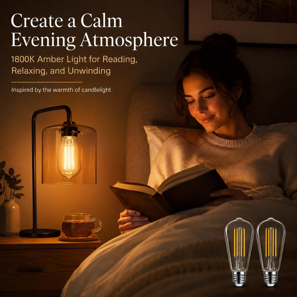 ST58 LED Edison Bulb 1800K Amber Warm Dimmable, circadian Light Bulb,Blue Light Blocking Sleep Light, 8W 60W