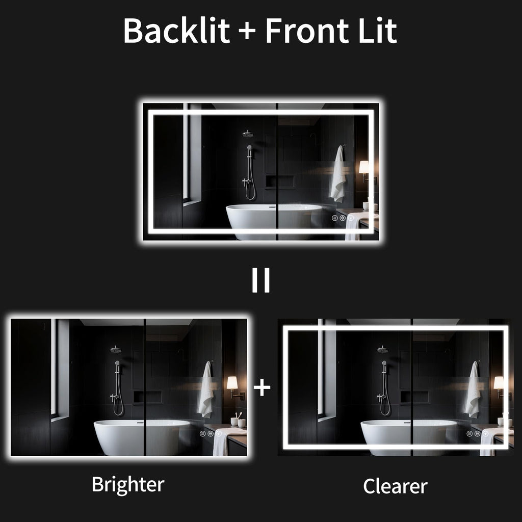 24"x48" Lighted LED Bathroom Mirror with Lights, Dimmable, Anti-Fog, Led Bathroom Vanity Mirror for Wall, Backlit + Front