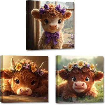 Highland Cow Wall Art Cute Animal Canvas Print 3 Pieces Baby Highland Cow Picture Farm Animal Prints Farmhouse Kids