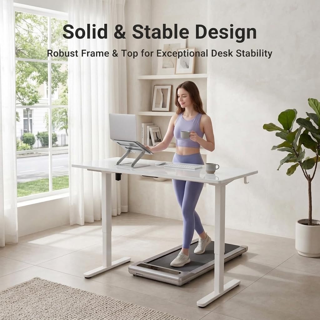 Wireless Charging Glass Standing Desk with Drawer 55 Inches Super White