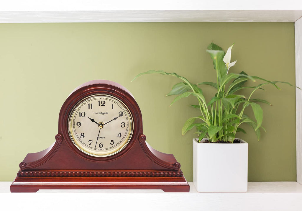 Mantel Clock, Battery Operated, Silent Wood Table Clock with Westminster Chimes, Maroon Arabic Numerals, 9" x 16" x 3"