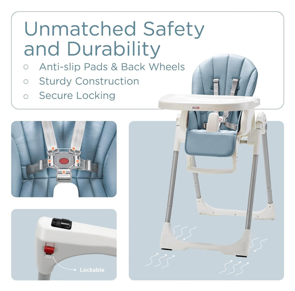 3-in-1 Foldable & Portable Baby High Chair with 2 Lockable Wheels(Blue) | 7 Height & 4 Recline Adjustable High Chairs