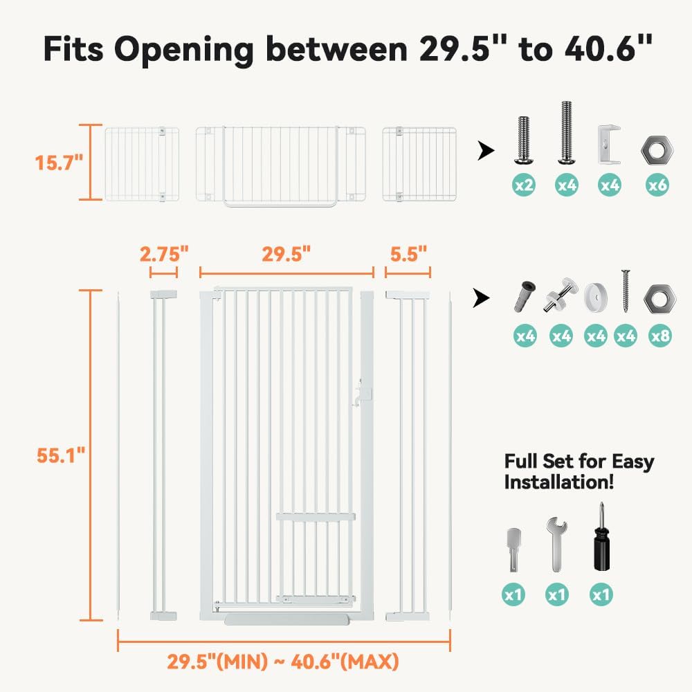 71" Extra Tall Pet Gate, 29.5-40.6" Wide with Adjustable Cat Door
