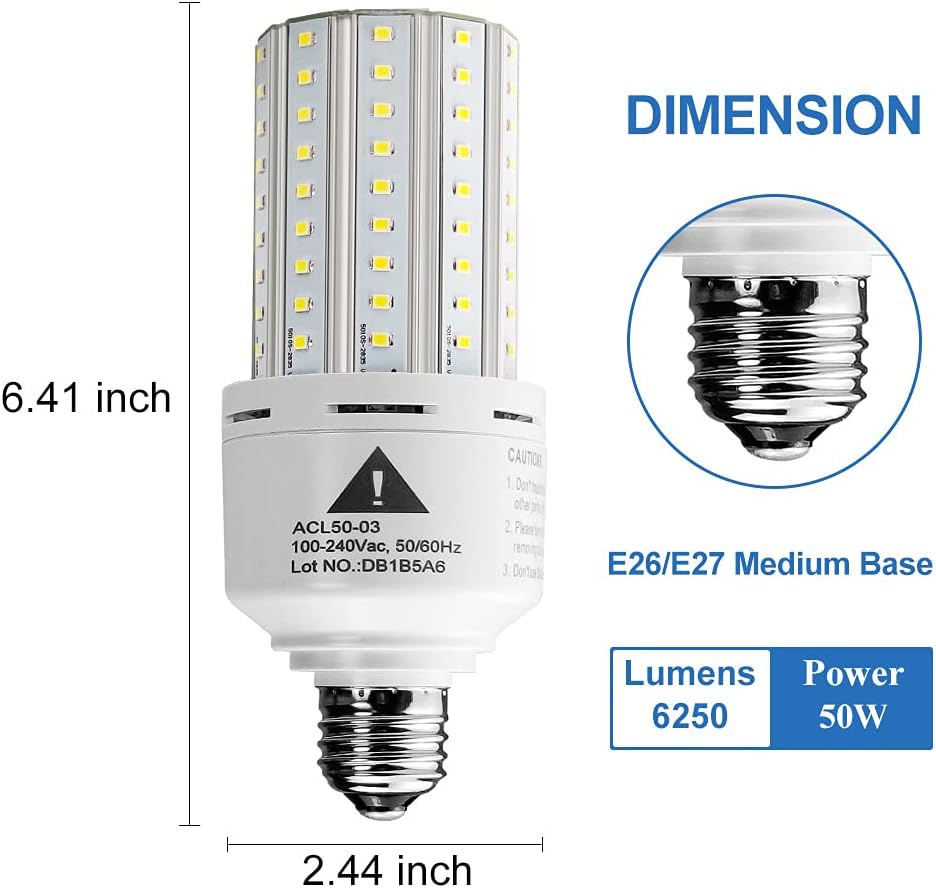 ZP 2-Pack Led Light Bulb 400W Equivalent 6250 Lumen 5000k Cool Daylight White E26/E27 Medium Base 50W Led Corn Light