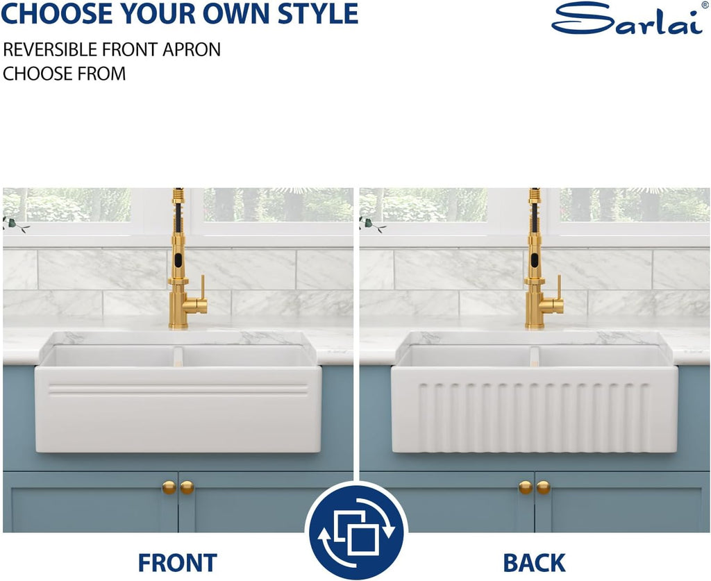 33 White Farmhouse Sink Double Bowl - 33x18 Inch Kitchen Sink Apron Front Double Bowl 50/50 White Porcelain Ceramic