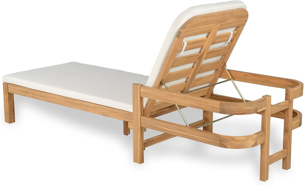 Acacia Wood Chaise Lounge with Adjustable Backrest, 77.5" Outdoor Sun Lounger with Cushion, Modern Patio