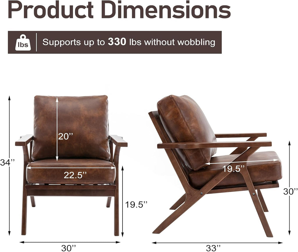 Faux Leather Accent Chair with Overstuffed Cushion, Mid-Century Modern Armchair with Solid Wood Frame, Upholstered