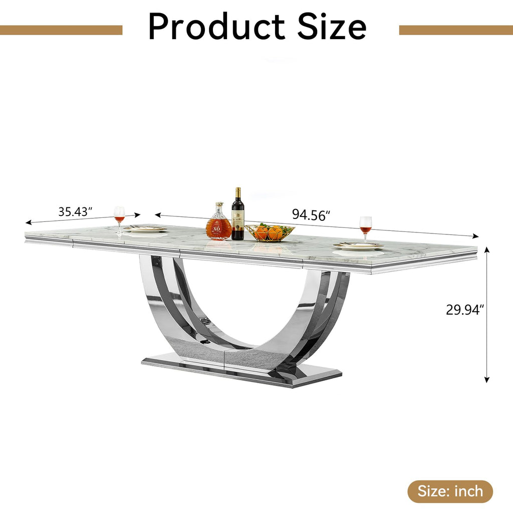 Large 94.5" Marble Dining Table, Luxurious White Dining Room Table with Printed Faux Marble Tabletop and Silver