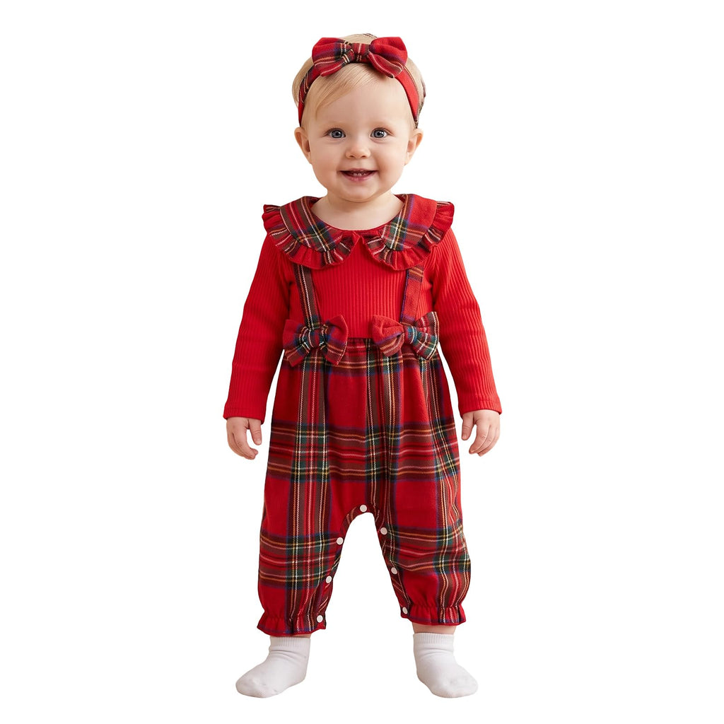 Newborn Baby Girl Christmas Outfit Candy Jumpsuit Romper Ruffle Overalls (Ribbed Red Plaid, )