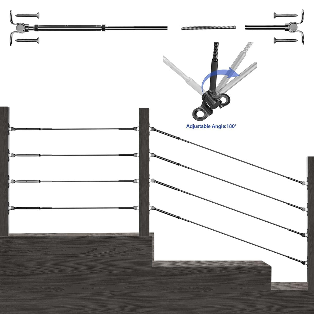 20 Pairs 1/8" Black Cable Railing Hardware Kit Swage Toggle Turnbuckle for Wood Post, T316 Stainless Steel Black Deck