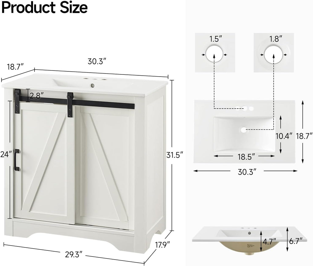 30-Inch Farmhouse Bathroom Vanity with Sink – Freestanding Single Sink Cabinet with Sliding Barn Door, Adjustable Shelf & Metal Handle, White