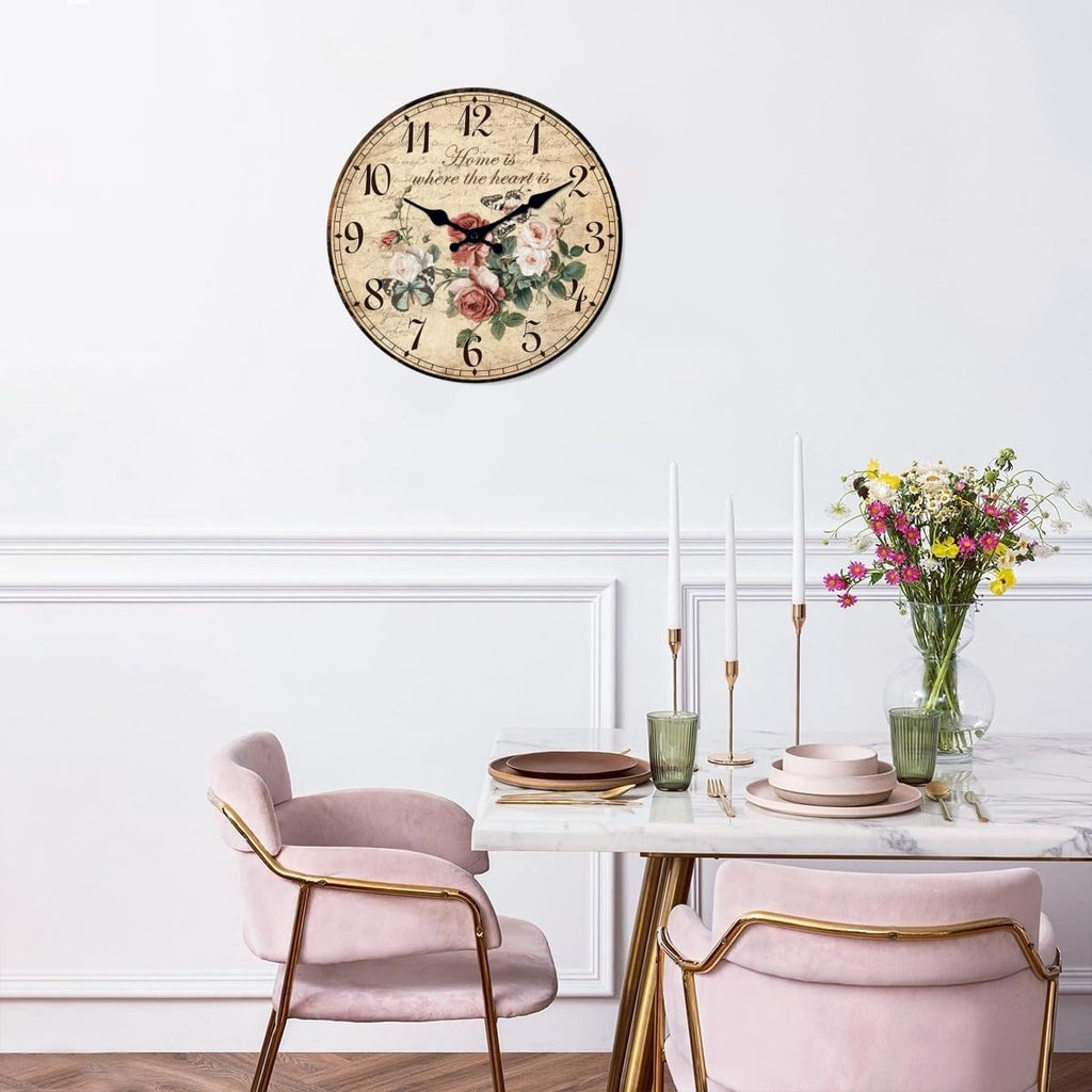 Vintage Rose Floral Wall Clock 16 Inch Silent Non-Ticking