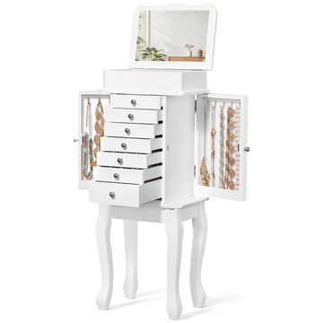 Standing Jewelry Armoire Cabinet, Large Standing Jewelry Organizer Box with Top Flip Mirror, 7 Drawers & 2 Side