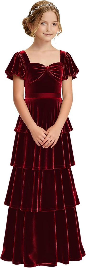 Girls Velvet Pleated Junior Bridesmaid Dress A-Line Short Lantern Sleeves Flower Girl Formal Ball Gown 2542