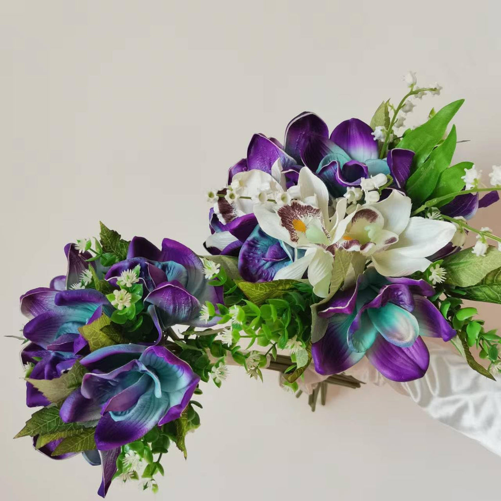 Artificial Flowers Purple Turquoise Orchid Stem Real Touch Flowers Set of 12 Stems