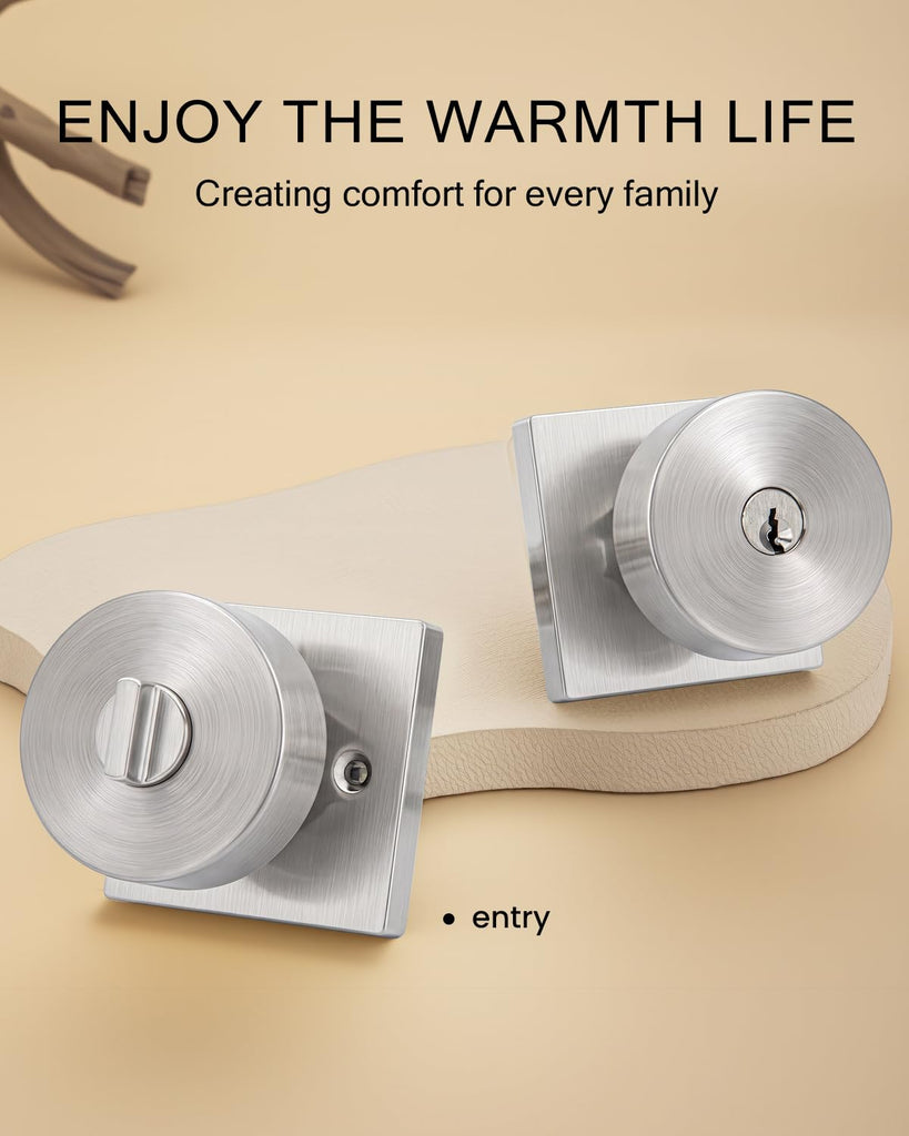 Brushed Nickel Entry Door Knob with Lock and Key, Square (1 Pack)