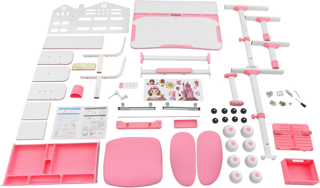31.5'' Adjustable Kids Desk with Tilting Desktop & Bookshelf Hutch(Pink)