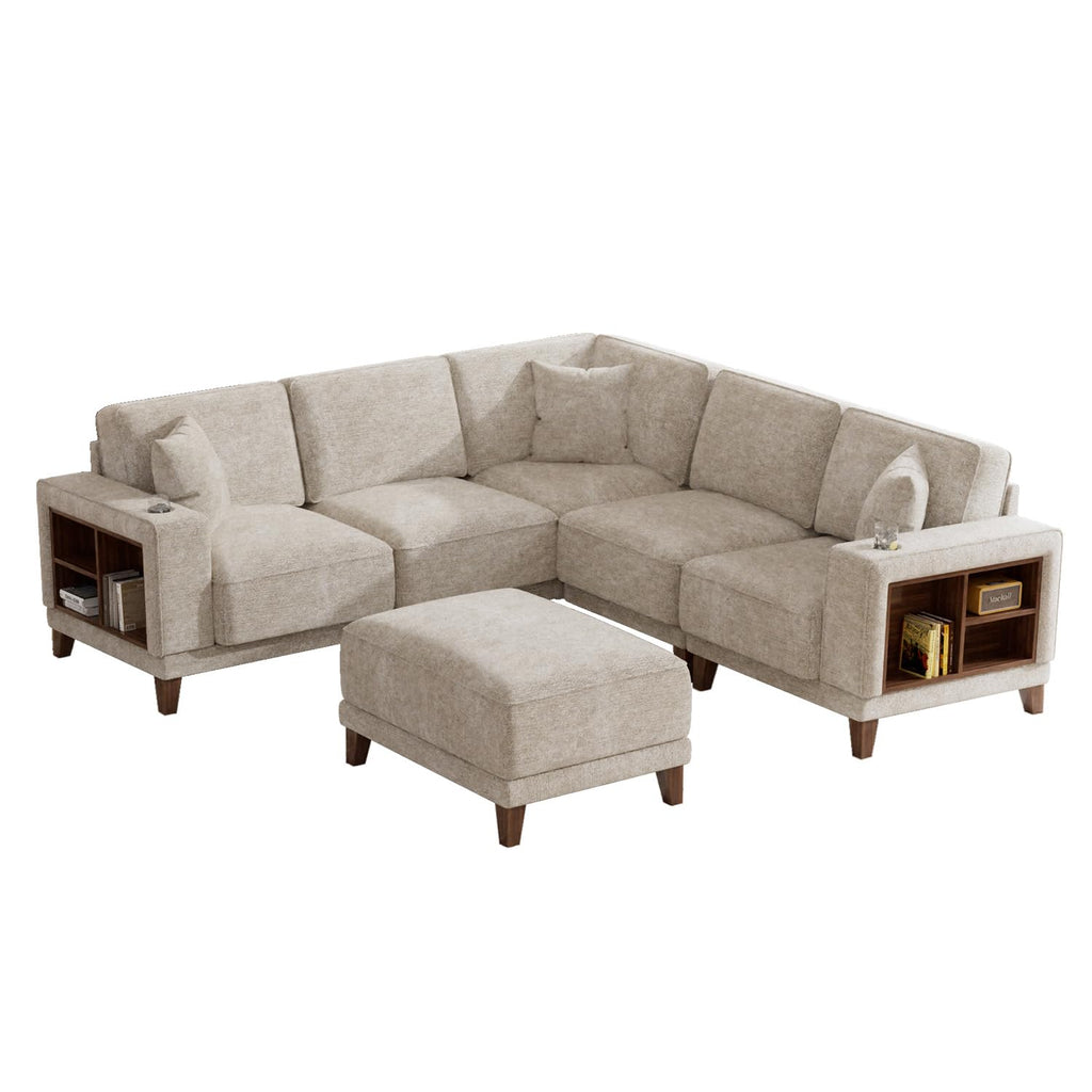 Oversized Modular Sectional Sofa, 6-Seat Deep Seat Sofa with Ottoman, USB Ports, Hidden Cup Holders, Side Storage