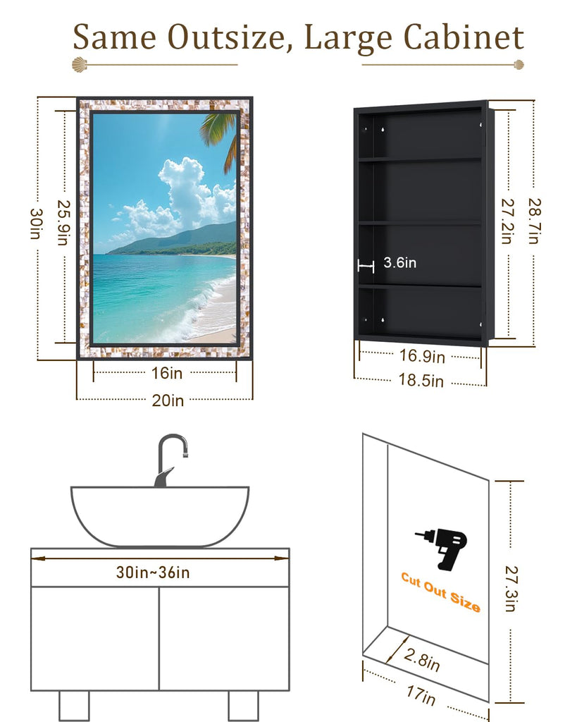 20"x30" Black Bathroom Medicine Cabinet with Mirror, Art Deco Mother of Pearl Vanity Mirror with Storage, Reversible