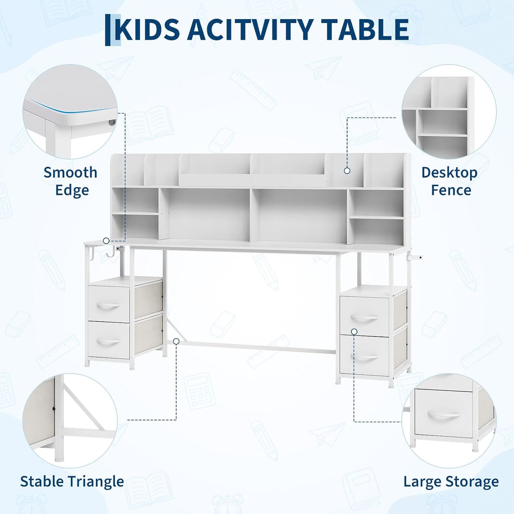 69" Double Kids Desk and Chair Set with Hutch & 4 Storage Drawers