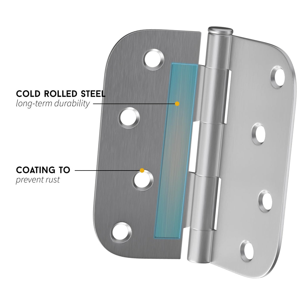 4 inch Brushed Nickel 12 Pack Door Hinges, 5/8" Radius Corners
